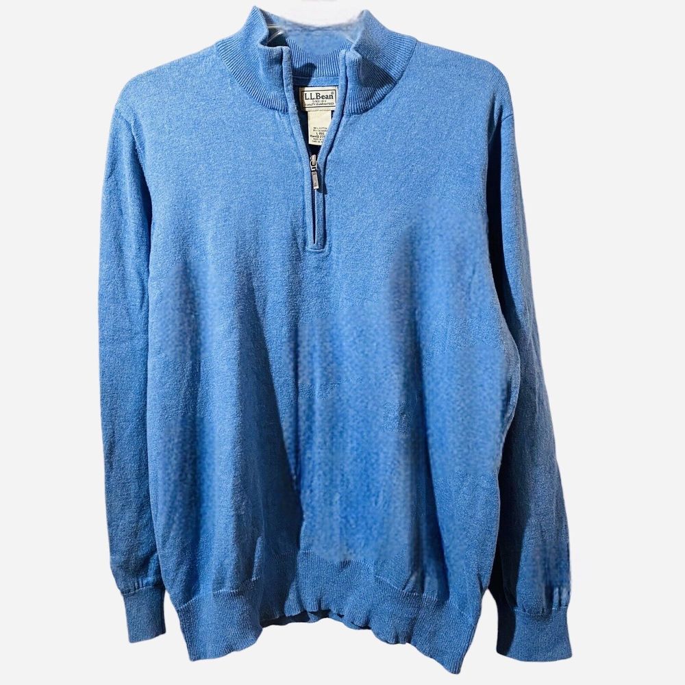 L L Bean 1/4 Zip Blue Cotton/Cashmere Mock Neck Sweater Men’s Size Large